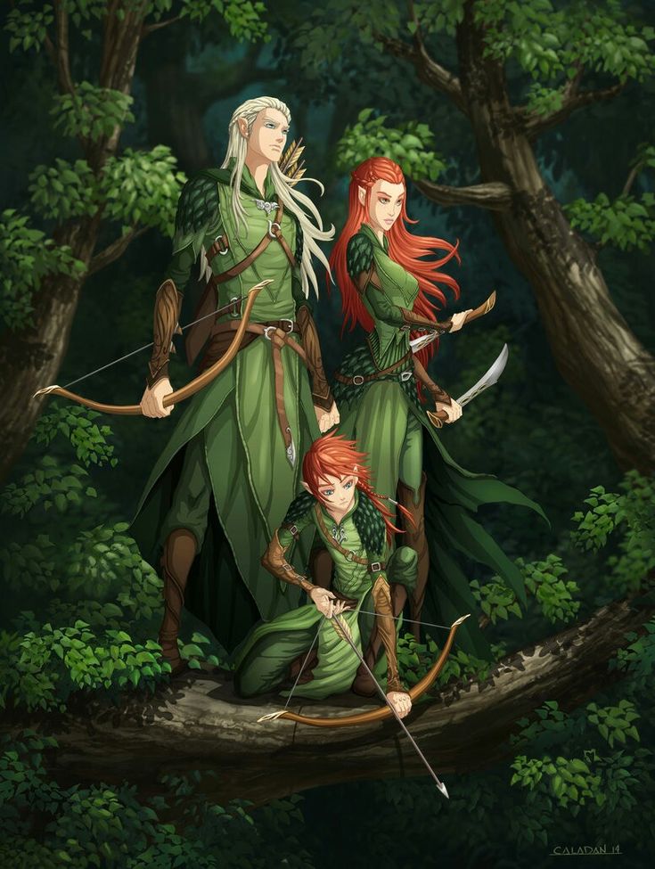 three women dressed in green are standing on a tree branch with bows and arrows around their necks