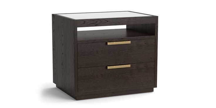 a wooden night stand with two drawers on one side and an open drawer on the other