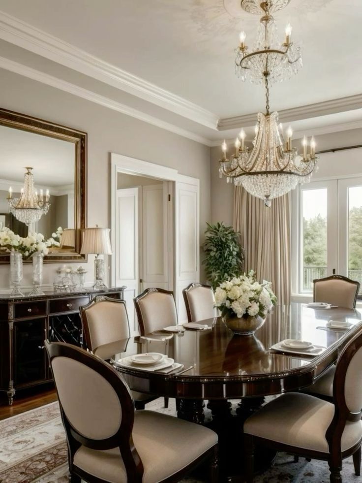 a formal dining room with chandelier and large table surrounded by chairs in front of windows