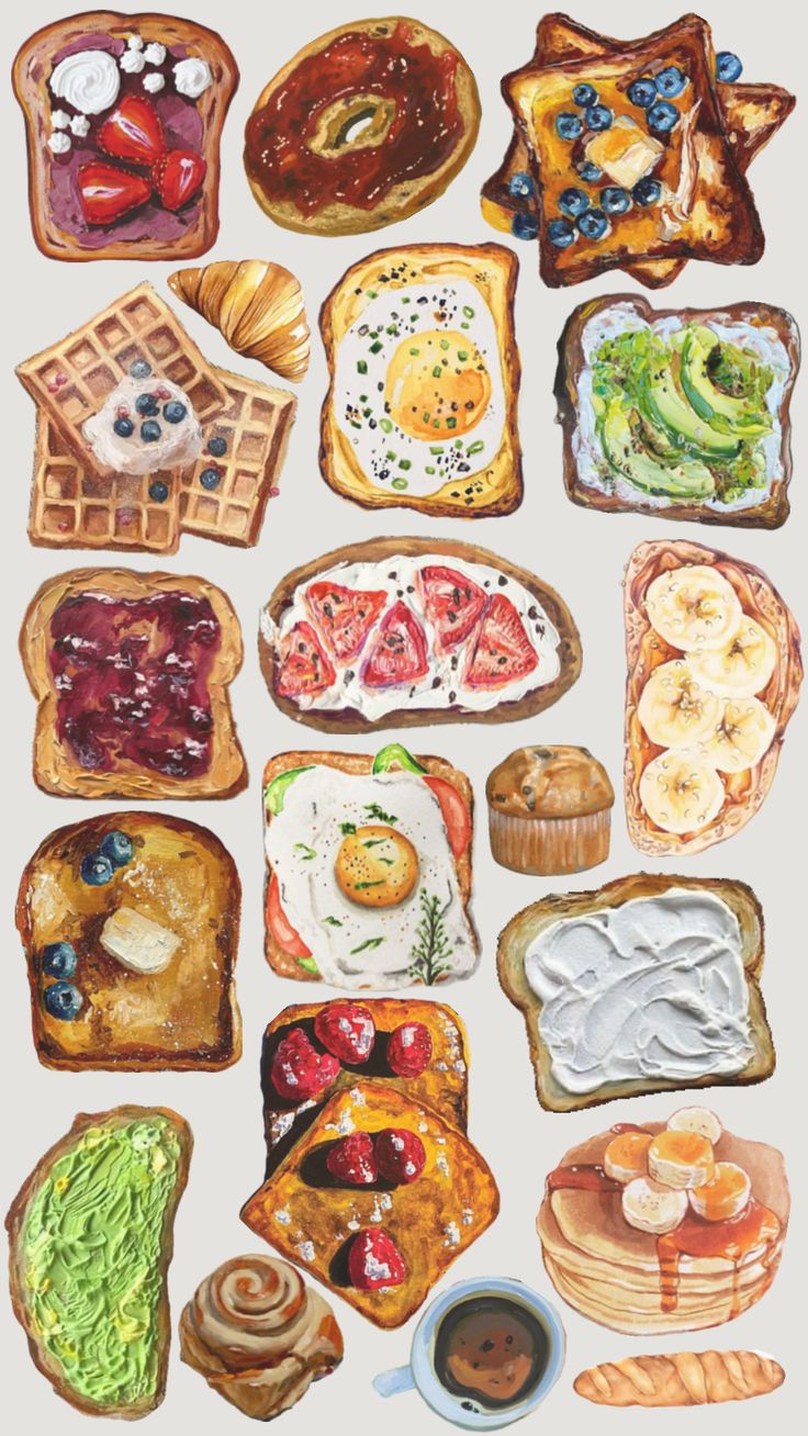 a painting of different types of food on bread and other items that are painted with colored pencils