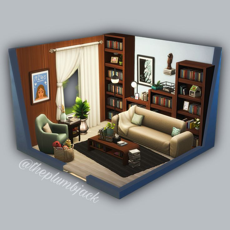 a living room filled with furniture and bookshelves