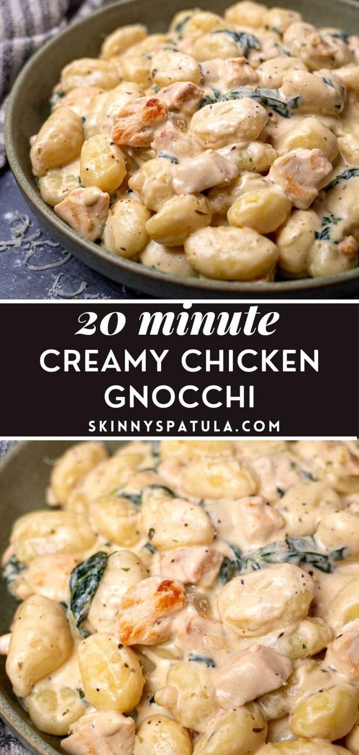 creamy chicken gnocchine with spinach and cheese in a skillet on the side