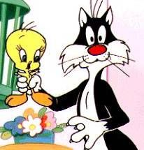 an animated image of a cat and bird in front of a cage with flowers on it