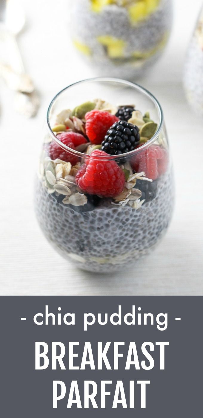 chia pudding breakfast parfait in a glass bowl