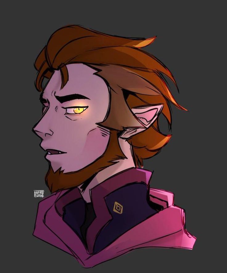 a drawing of a man with red hair and yellow eyes, wearing a purple jacket