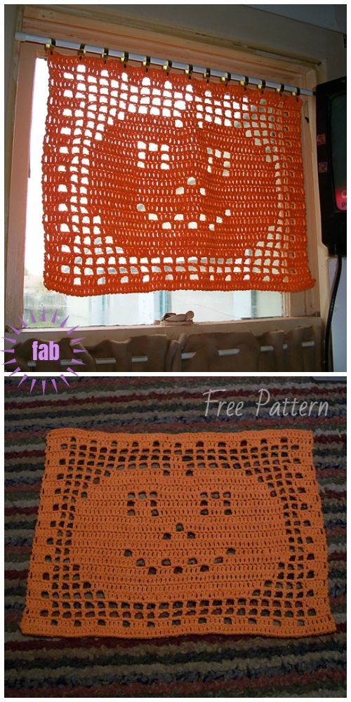 an orange crocheted curtain with the words hello kitty on it and a photo of a