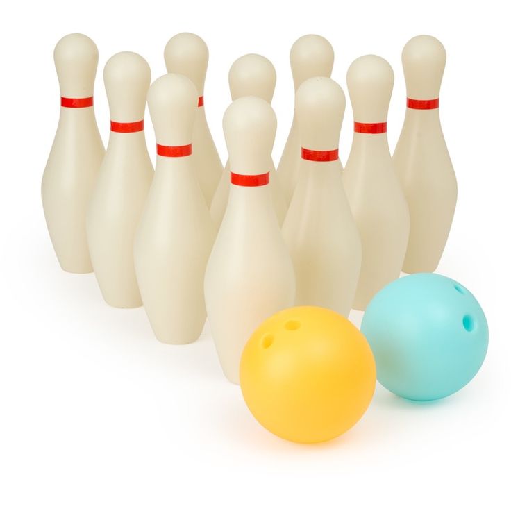 a group of white bowling pins and a blue ball on a white background with red stripes