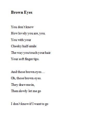 an image of a poem written in the style of brown eyes on white paper with black ink