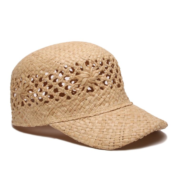 a straw hat with holes on the side and a brimmed visor is shown