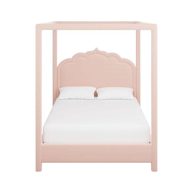 a pink bed frame with white sheets and pillows on top of it, against a white background