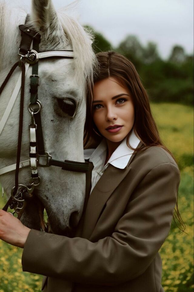 a beautiful young woman standing next to a white horse