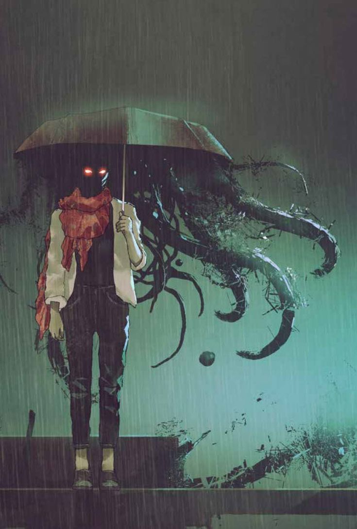 a person standing under an umbrella in the rain with an octopus on it's back