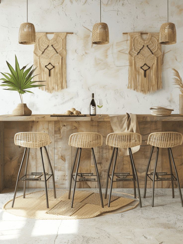 four stools in front of a counter with bottles on it and plants hanging from the ceiling