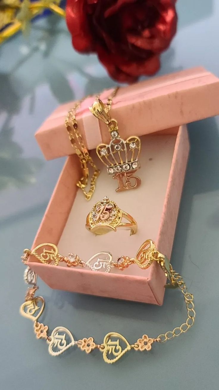 Quinceanera Gift Ideas - My Perfect Quince Necklaces Quinceanera, 15 Quince Rings, Quince Ring And Necklace, Rose Gold Quince Jewelry, Gold Bracelet Mexican, Quinceanera Gifts For Her, Quince Necklace Gold, Quince Surprise Gift, Quinceanera Surprise Gift Ideas