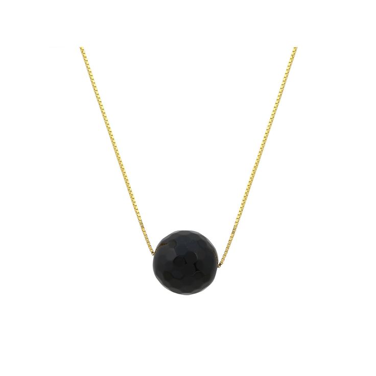 Featuring a faceted black onyx pendant, this 14k gold necklace is a striking accent to your look. Featuring a faceted black onyx pendant, this 14k gold necklace is a striking accent to your look. Drop length: 0.50 in. Chain length: 18 in. Chain type: box Clasp: spring ring Metal: 14k gold Finish: polished Packaging: boxed STONE DETAILS Stone type: onyx Total weight: 5 ct. Center stone size: 10 mm x 10 mm Shape: round Please note, due to the high value of this item, a signature may be required up Faceted Round Onyx Jewelry, Black Faceted Round Necklace, Elegant Round Pendant Jewelry With Faceted Beads, Minimalist Black Faceted Jewelry, Formal Faceted Briolette Necklaces, Formal Briolette Faceted Necklace, Faceted Black Spinel Necklace, Black Onyx Round Pendant Necklaces, Black Spinel Gemstone Necklace