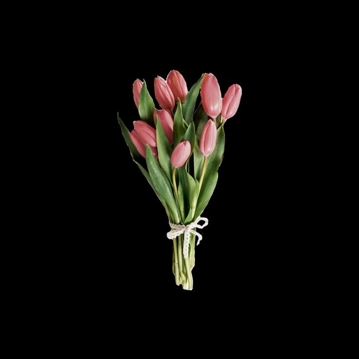 a bouquet of pink tulips tied with a white ribbon on a black background