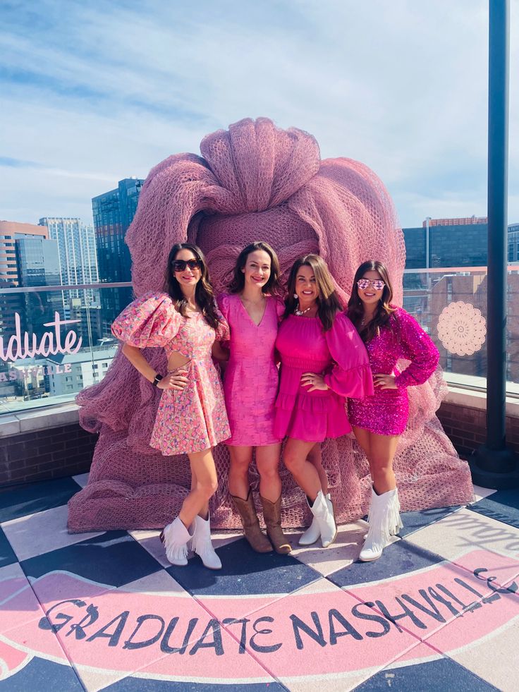 Nashville Bachelorette Pink Outfits, Bachelorette Party Pink Outfits, All Pink Nashville Outfit, Pink Winery Outfit, Pink Country Concert Outfit, Pink Nashville Outfit, White Limousine, Nashville Weekend, Pink Bday