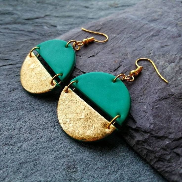 "I make these emerald and gold dangle earrings from lightweight Polymer clay, 24k gold leaf and gold plated brass hooks and wire which are of course hypoallergenic and nickel free. You can choose between gold plated brass earring hooks or gold plated 925 Sterling silver earring hooks. Standard shipping without trackind is included. Please purchase the shipping upgrade during check-out if you would like tracking. I strongly advise my international customers to purchase the shipping upgrade during Gold Leaf Polymer Clay Earrings, Gold Polymer Clay Dangle Jewelry, Green Minimalist Brass Earrings, Minimalist Green Brass Earrings, Minimalist Green Brass Jewelry, Gold Dangle Earrings In Polymer Clay, Minimalist Green Gold-plated Earrings, Gold Polymer Clay Dangle Earrings, Minimalist Green Polymer Clay Earrings