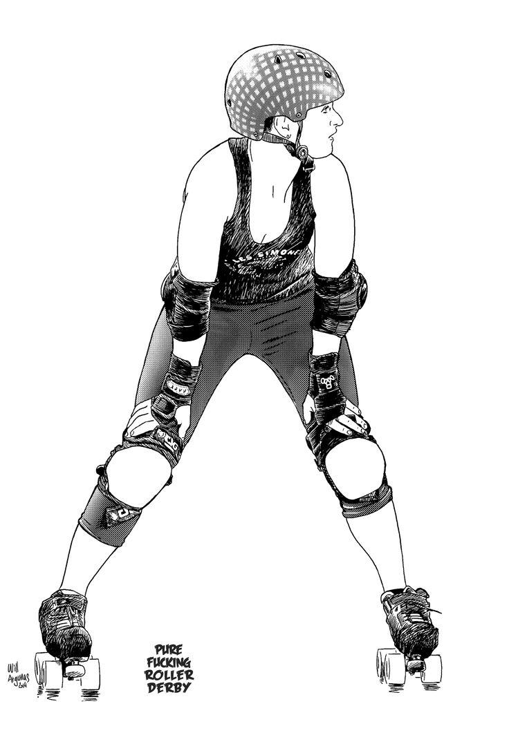 a black and white drawing of a person with roller blades on their feet, wearing knee pads