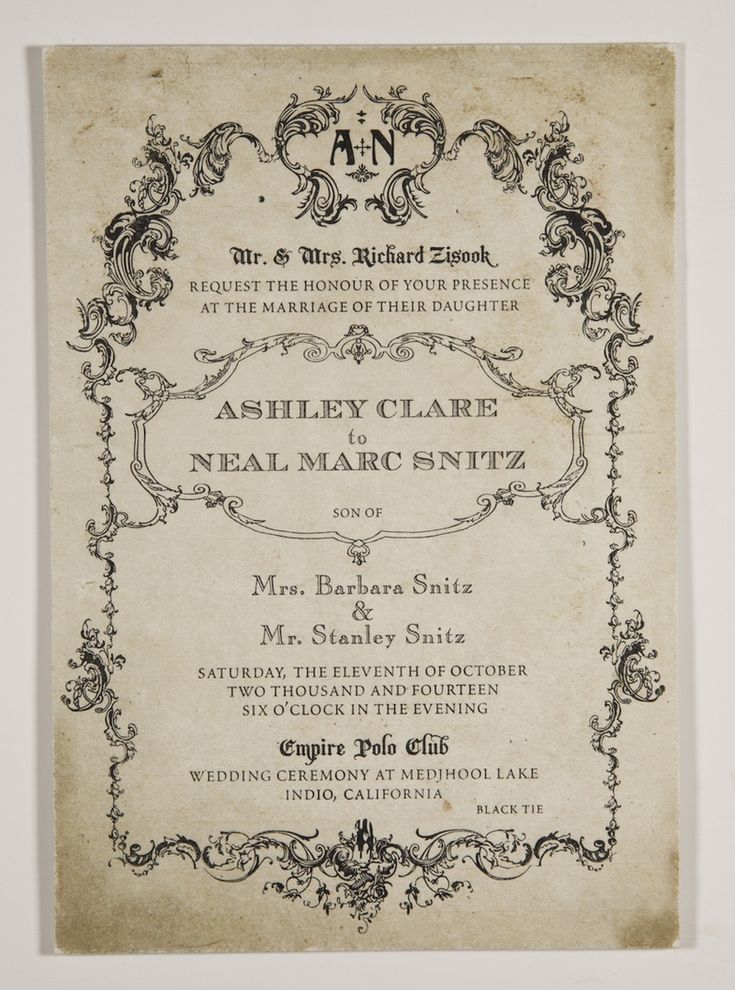 an old fashioned wedding card with black and white lettering