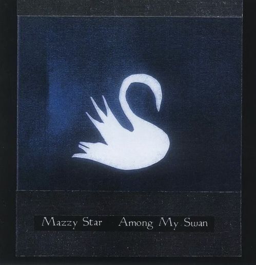 a white swan sitting on top of a dark blue background with the words mazzy star among my swans