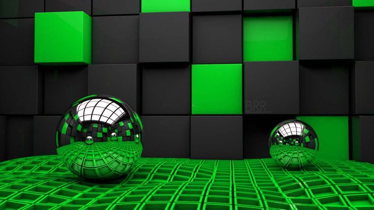 two shiny balls in front of a green and black cubed wall with squares on it