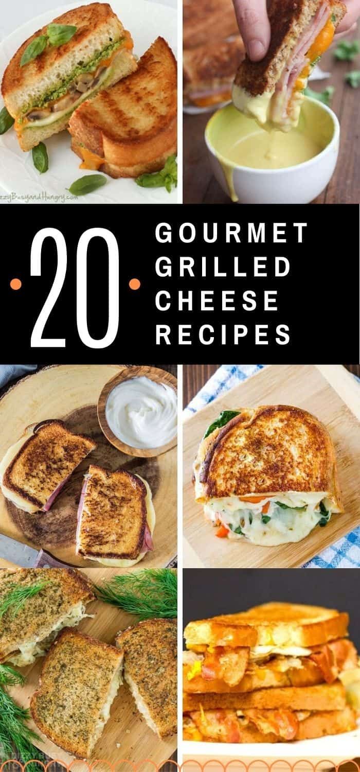 some grilled cheese sandwiches are shown with the words 20 gourmet grilled cheese recipes