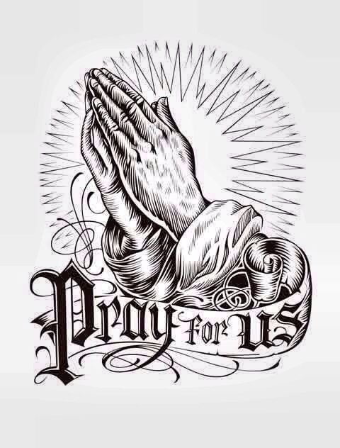 praying hands with the words pray for us on it and an ornate scroll around it