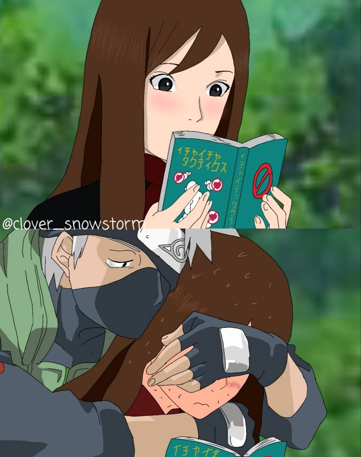 an anime character is reading a book while another looks on