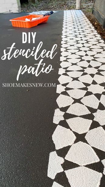 a black and white tile walkway with the words diy stenciled patio painted on it