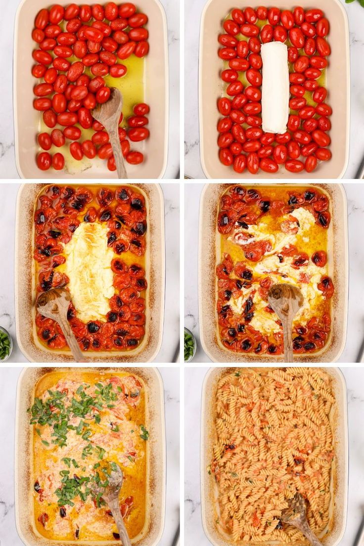 four images show different stages of making an enchilada casserole with tomatoes