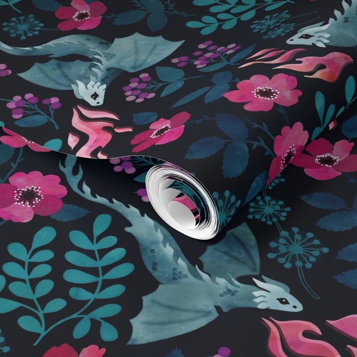 a black and pink floral wallpaper with an animal design on the back half of it