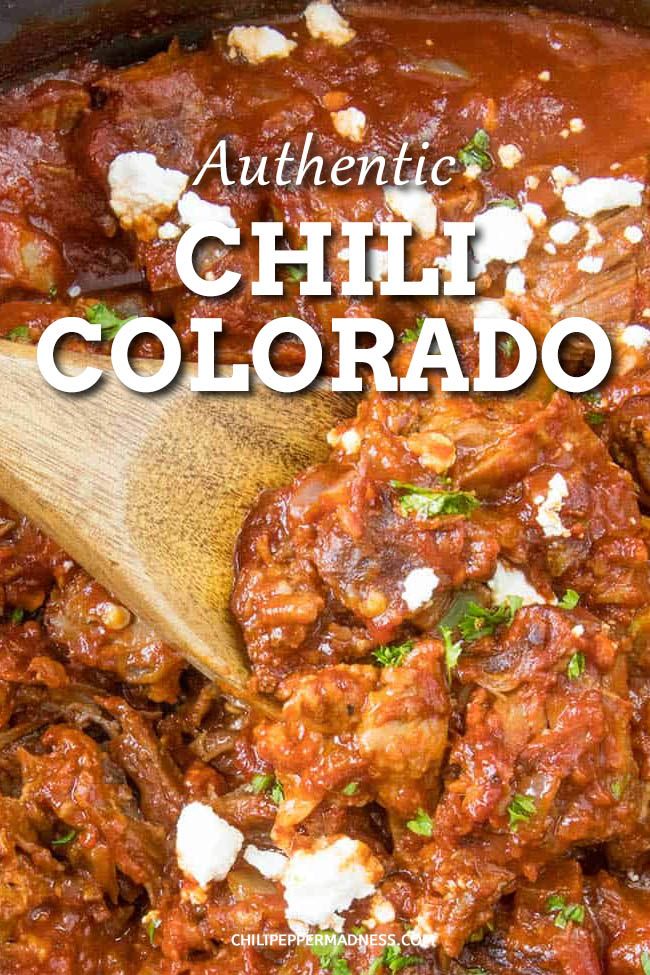 a wooden spoon in a slow cooker filled with chili and cheese, text overlay reads authentic chili colorado