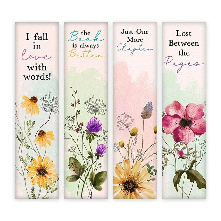 three bookmarks with flowers on them and the words, i fall in love is always between