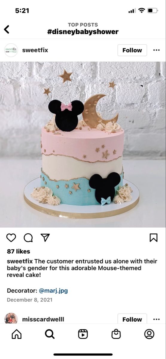 a twitter post with an image of a mickey mouse cake on the top and bottom