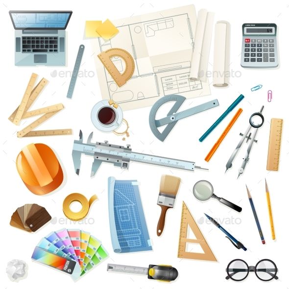 an assortment of office supplies arranged in the shape of a circle on a white background