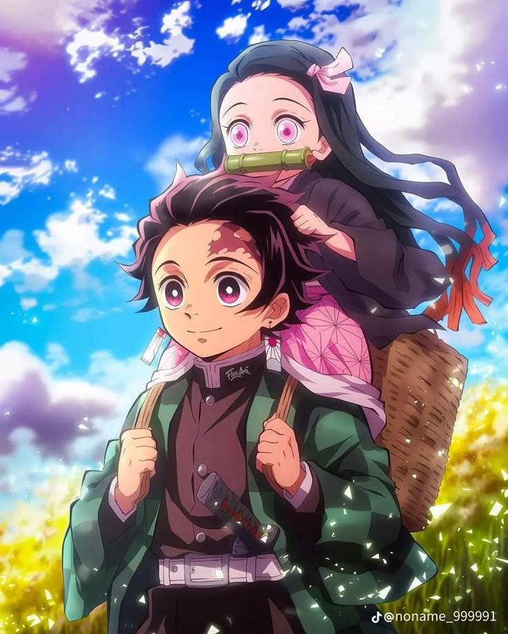 two people standing in front of a blue sky with clouds and grass behind them, one holding the other's head