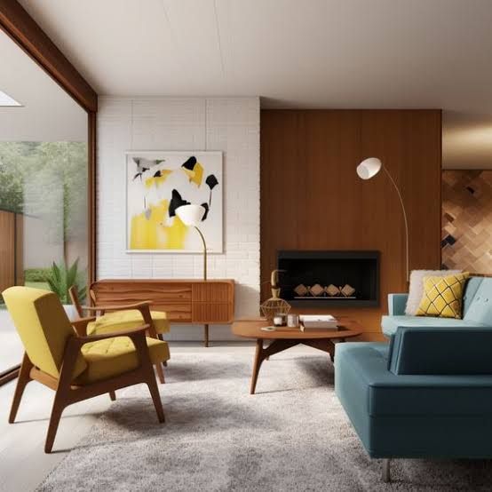 a living room filled with furniture and a fire place next to a wooden paneled wall