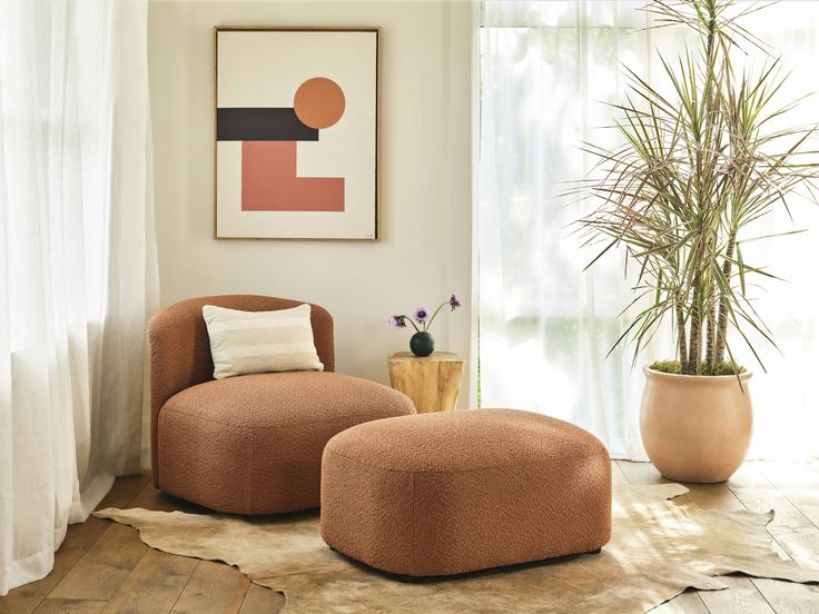 a living room with two chairs and a plant