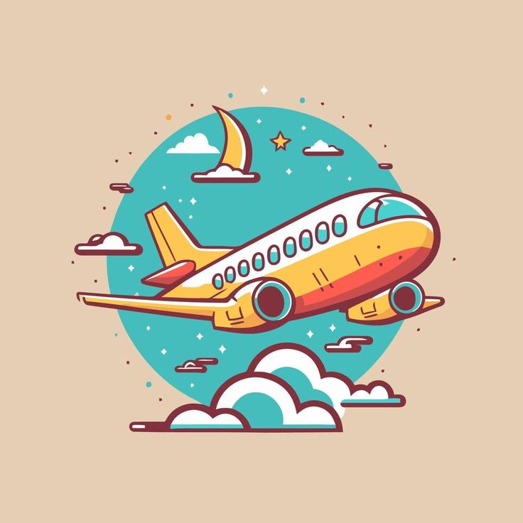 an airplane flying in the sky with clouds and stars around it on a beige background