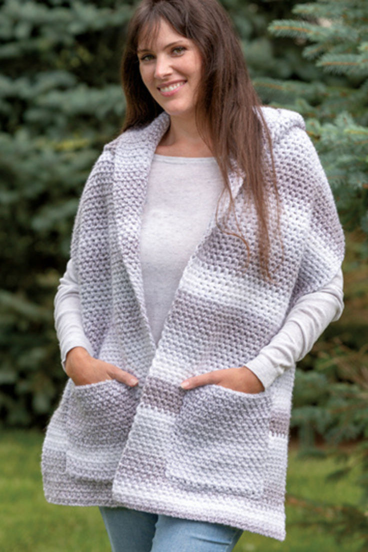 grey cardigan or hood jacket that is crochet Crochet Long Cardigan Pattern Free, Crochet Long Cardigan Pattern, Pocket Shawl Crochet Pattern, Long Cardigan Pattern, Crochet Pocket Shawl, Pocket Shawl, Jacket Crochet, Crochet Game, Beginner Knitting Patterns