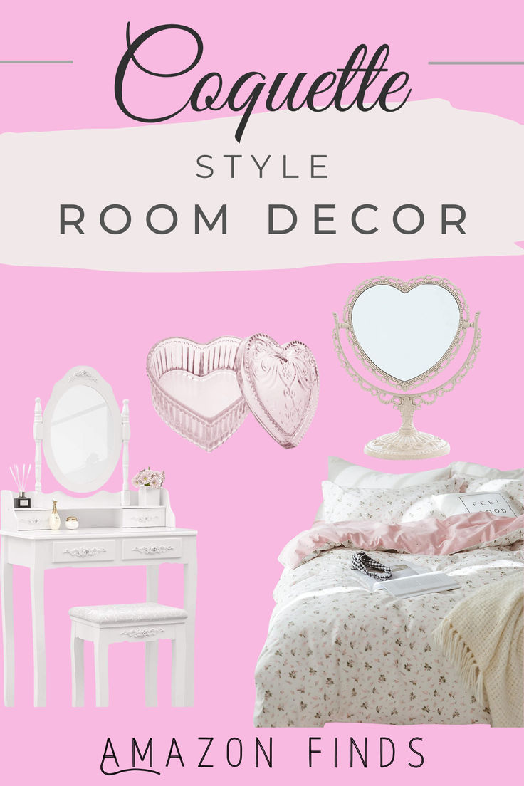 a pink bedroom with white furniture and accessories on it, including a bed, dresser, mirror