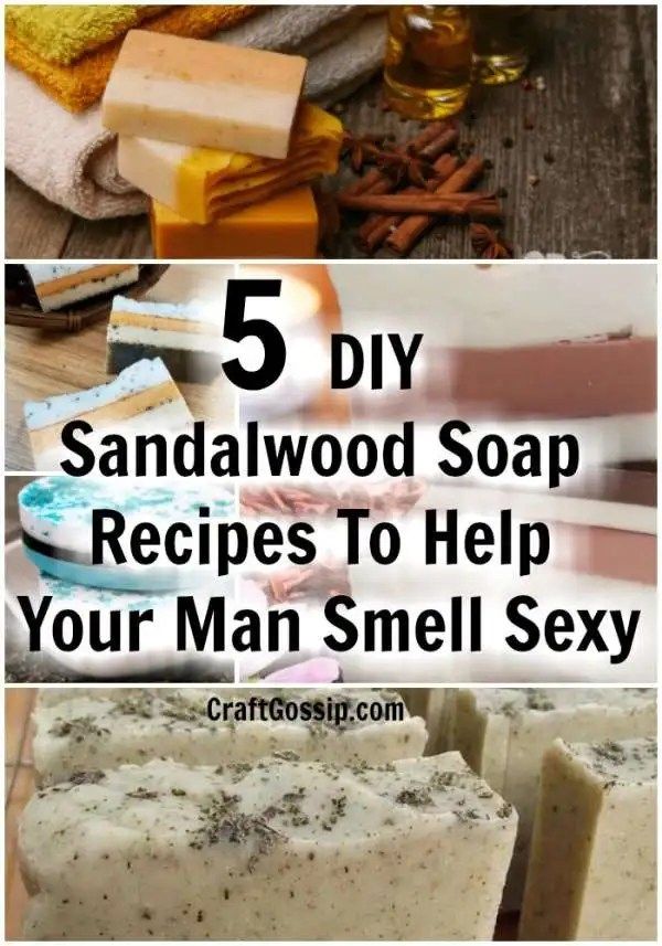 soap bars with the words 5 diy sandalwood soap recipes to help your man smell