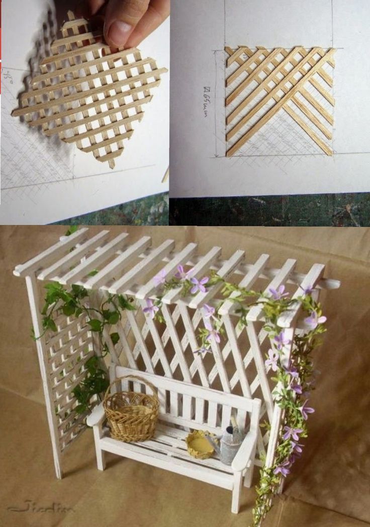 two pictures showing how to make a trellis with wood strips and flowers on it