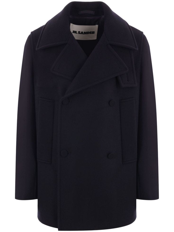 navy blue wool felted finish notched lapels long sleeves throat latch two side welt pockets full lining straight hem Wool Coat Black, Felt Coat, Jil Sander Shoes, Double Breasted Coat, Coat Black, Mens Outerwear, Outerwear Coats, Light Jacket, Jil Sander