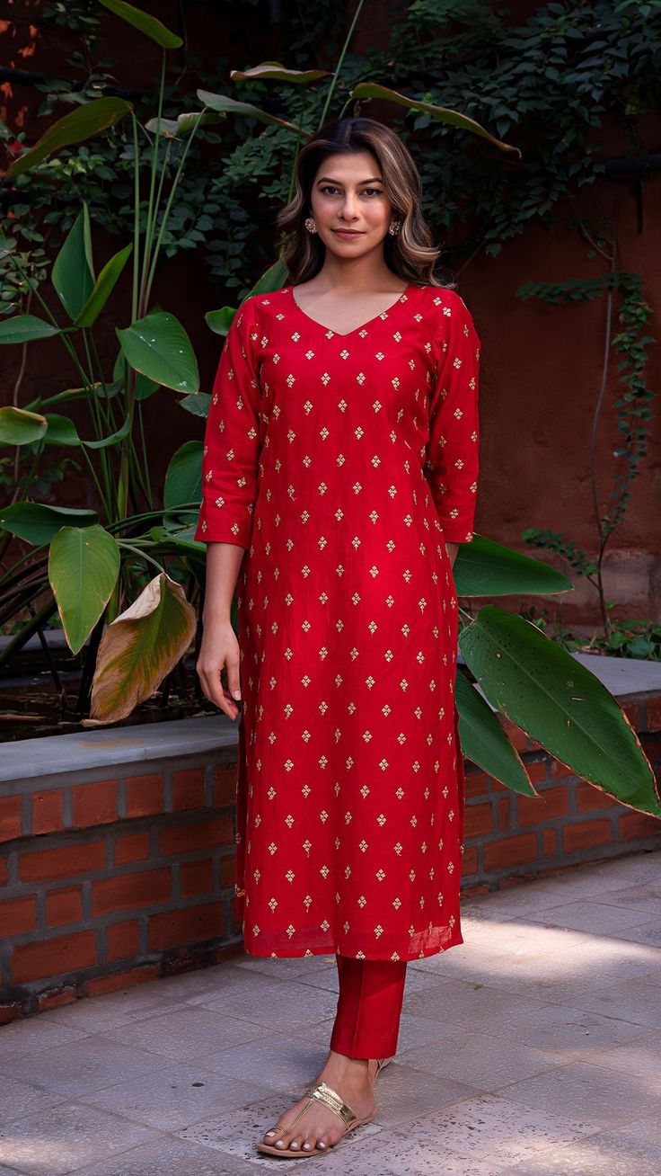 Bring on the festive spirit with our kurta set in hand embroidered chanderi silk. Fully lined kurta and pants. Made in chanderi silk. Dupatta in mul cotton with gold tikki details. Color of Kurta + Pants : Red. Color of Dupatta : Purple. Model height is 5.6” and is wearing a size S. Wash Care : Dry Clean Only. Festive Sets With Zari Work On Straight Kurta, Diwali Straight Kurta Palazzo Set With Gota Work, Eid Palazzo Set With Straight Kurta In Chanderi, Diwali Palazzo Set With Gota Work On Straight Kurta, Eid Festive Straight Kurta Salwar Kameez, Chanderi Sharara With Printed Motifs, Chanderi Straight Kurta Sharara With Printed Motifs, Red Chanderi Straight Kurta, Festive Slub Silk Kurta With Chikankari Embroidery