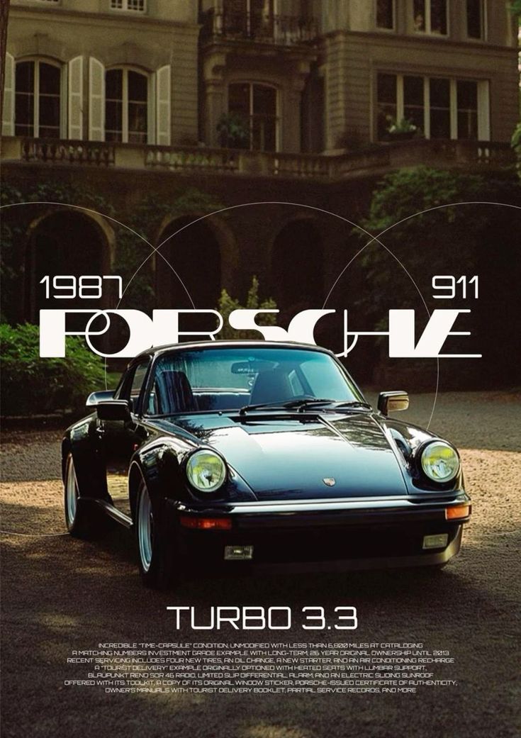 an advertisement for a car show in front of a large building with the words porsche on it