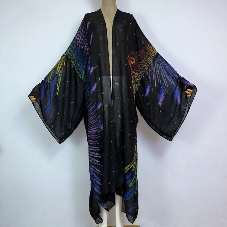 One Size fits S-4X Length: 58 inches Material: Linen Gauze (Thin, light, and semi sheer.) One Size Fits Most Size Chart Linen Kimono, Linen Gauze, Sky Black, Black Kimono, New Africa, Long Kimono, Kimono Dress, Night Sky, Summer Collection