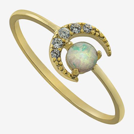 Adding this Silver Treasures 14K gold over silver opal moon ring to your jewelry collection, you are adding sophistication. This ring is crafted in 14K gold over silver and features a simulated opal stone along with Cubic Zirconia stones. With the delicate and sparkling design, this ring can be worn with any wardrobe choices. This ring can be worn alone or with other favorites from your jewelry collection. Wipe ring clean with a soft cloth.Ring Style: Delicate Rings, Stackable Rings, BandsFeatur Gold Celestial Moonstone Ring In 14k, Celestial 14k Gold Opal Gemstone Ring, Moon Shaped 14k Yellow Gold Rings, Celestial Style Opal Ring, Moon Shaped 14k Gold Ring, Gold Moon Shaped 14k Gold Ring, Gold Moon-shaped 14k Gold Ring, 14k Gold Moon Shaped Ring, Gold Celestial Opal Promise Ring