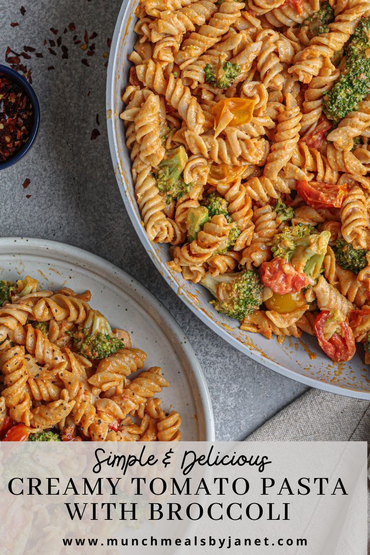 two bowls filled with pasta and broccoli on top of a table